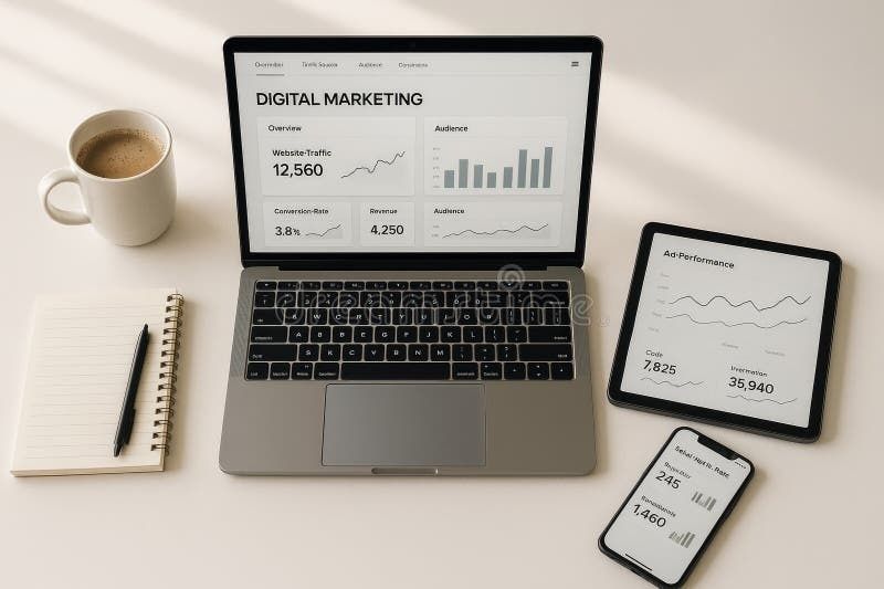 Laptop, tablet, and phone displaying digital marketing analytics dashboards
