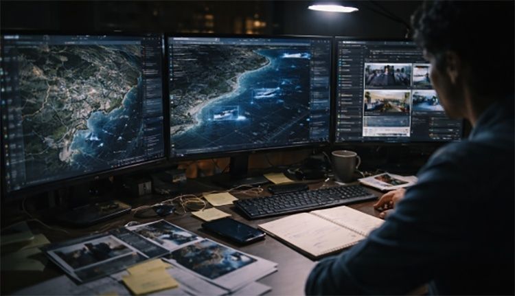 Person reviewing maps, images, and data across three computer monitors