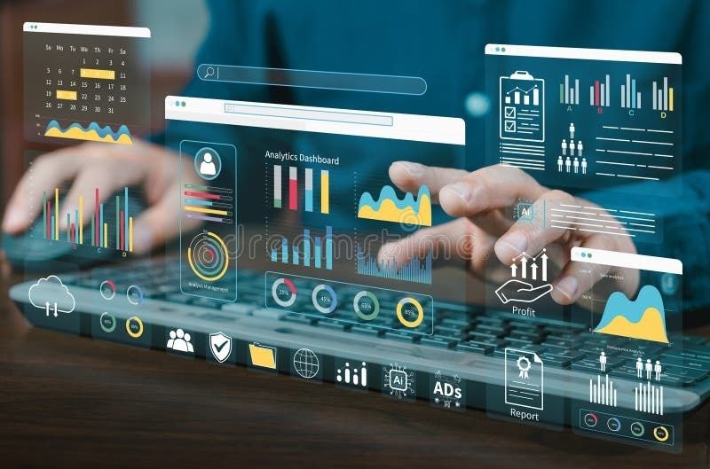 Hands interacting with digital marketing analytics dashboards and charts